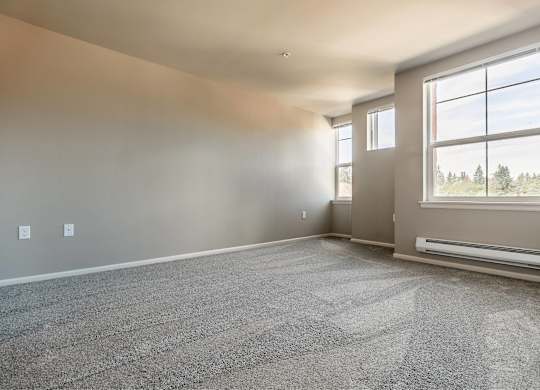 A spacious room with a large window and a carpeted floor.