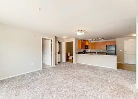 A spacious living room with a television and a kitchenette in the background.