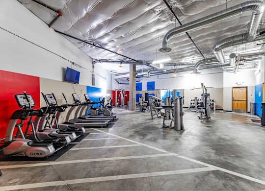 A gym with treadmills and other exercise equipment.