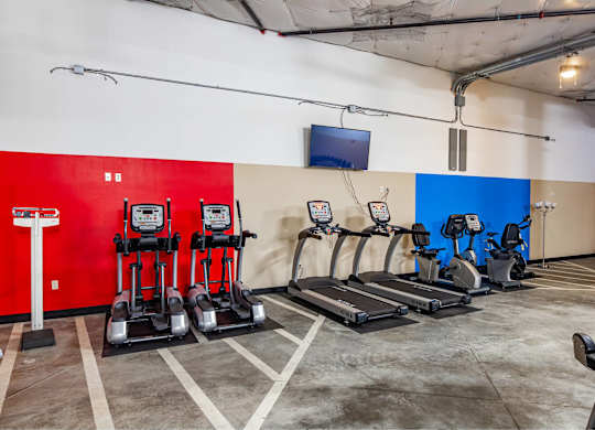 A gym with treadmills, elliptical machines, and a television.