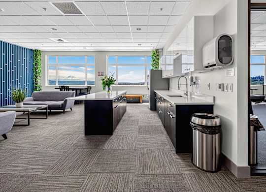 A modern office space with a view of the lake.