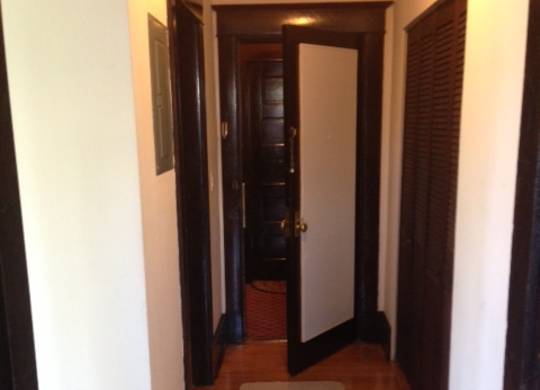 A hallway with a rug on the floor and a door at the end.