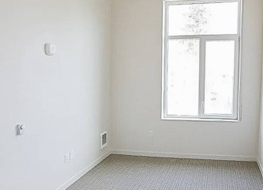 A room with a window and a carpeted floor.
