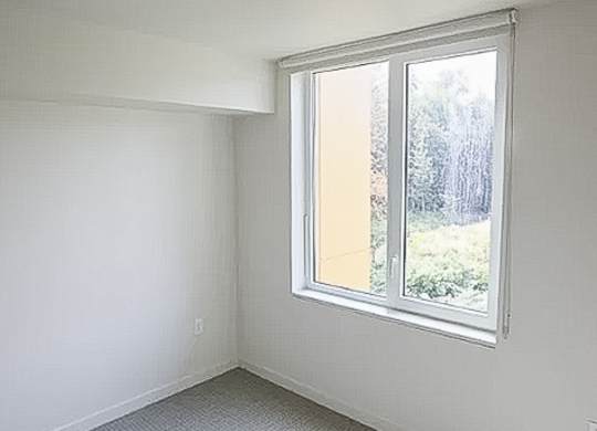 A room with a window and a grey carpet.
