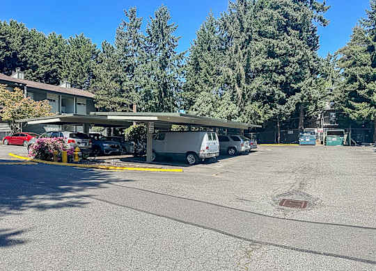 A parking lot with a building and trees in the background.
