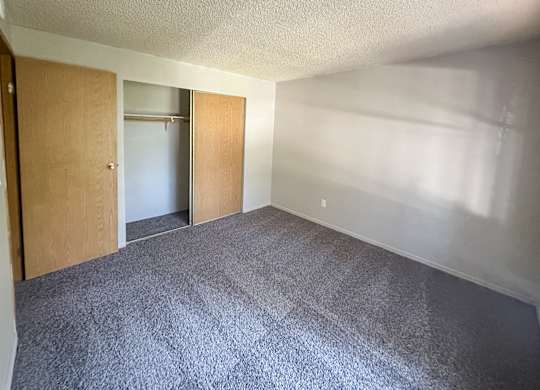 A room with a carpeted floor and two open doors.