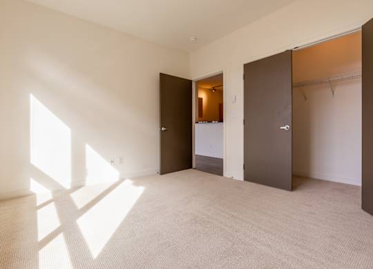 A room with a carpeted floor and a large window on the left side.