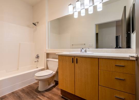 A white toilet sits in a bathroom with wooden cabinets.
