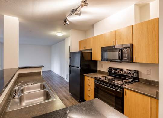 A kitchen with a black refrigerator, black stove, and black microwave.