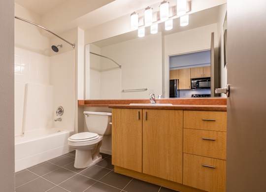 A bathroom with a toilet, sink, and mirror.