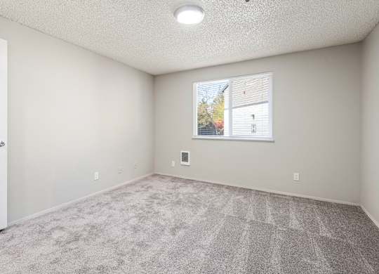 A room with a carpeted floor and a window showing a view of a house.