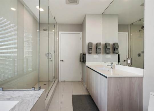A modern bathroom with a walk-in shower and a large mirror.