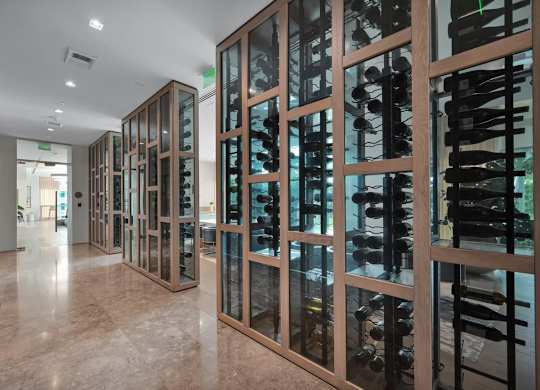 A wine cellar with a glass door and a marble floor.