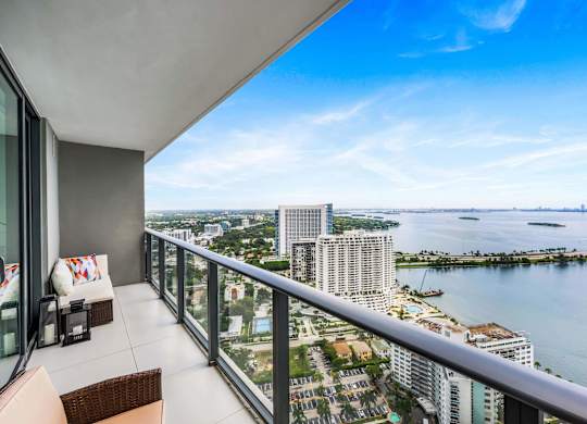 A balcony with a view of the city and water.