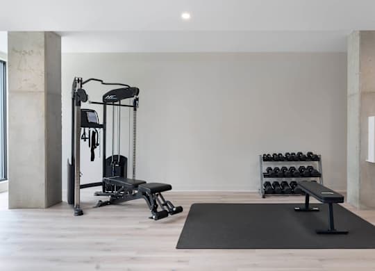 A black weight bench is in the middle of a room with a black mat.