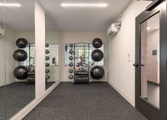 A gym with a mirror, weights, and exercise balls.