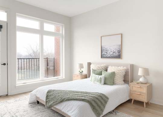 A bedroom with a large bed and a picture on the wall.