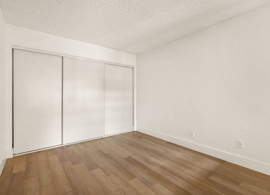 A room with a white wall and a wooden floor.