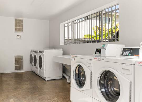 A row of front loading washing machines in a laundromat.