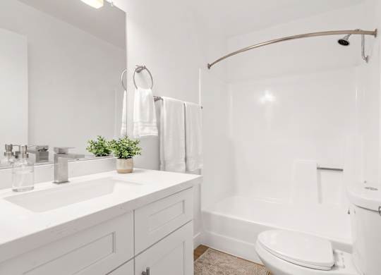 A white bathroom with a toilet, sink, and shower.