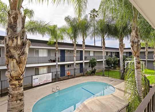 A pool surrounded by palm trees and apartment buildings.