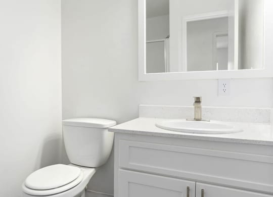A white toilet sits next to a white sink in a bathroom.