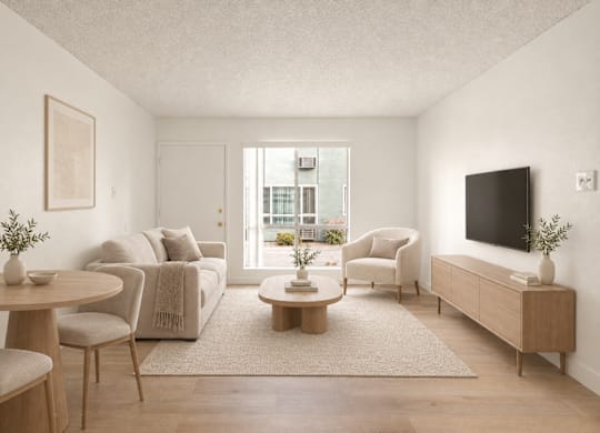 A living room with a couch, chairs, a coffee table, and a television.