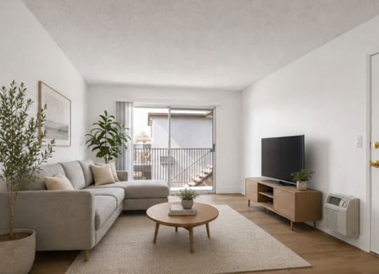 A living room with a grey couch, a coffee table, a flat screen TV, and a potted plant.