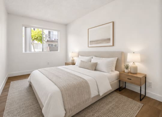 A bedroom with a large bed and a window.