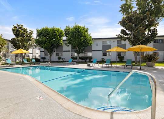 A swimming pool surrounded by trees and chairs with umbrellas.