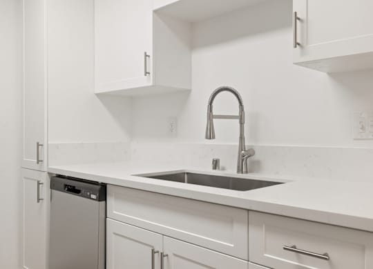 A kitchen with white cabinets and a silver dishwasher.