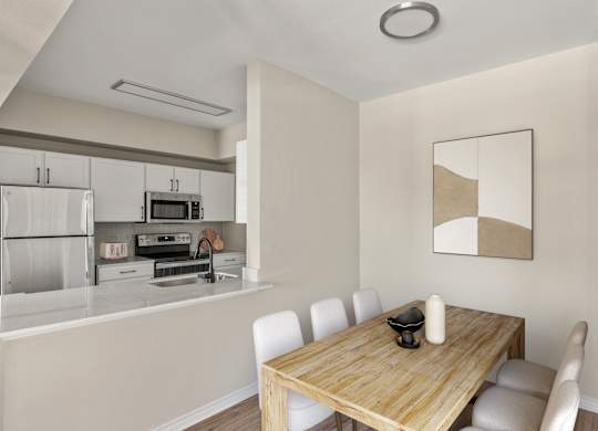 A modern kitchen with a wooden table and white chairs.