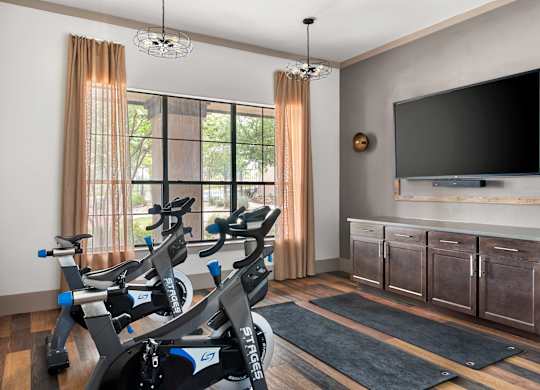 A room with a television, a window with curtains, and a row of exercise bikes.