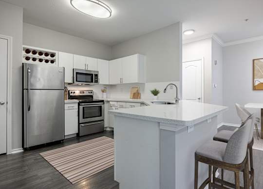 A kitchen with a white counter top and a striped rug on the floor.