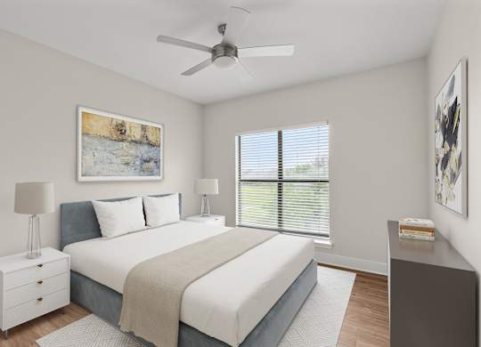 A bedroom with a bed, nightstand, and a painting on the wall.