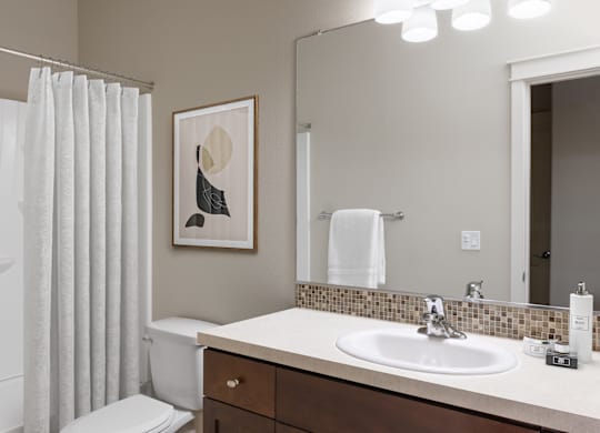 A bathroom with a white toilet, a sink, and a mirror.