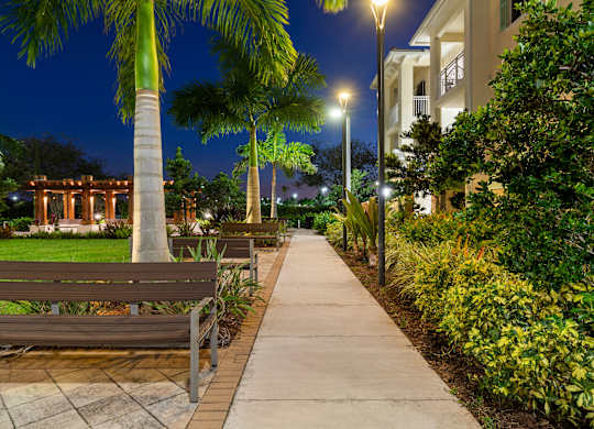 A walkway with a bench and trees on either side.