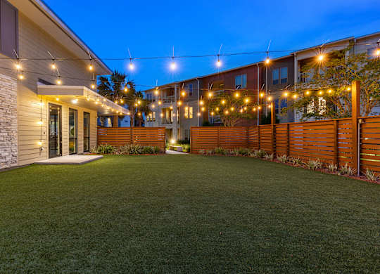 A well-lit outdoor area with a grassy lawn and a building in the background.