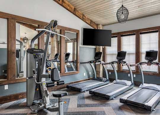 A home gym with treadmills, a stationary bike, and a mirror.
