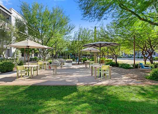 A sunny day at the park with tables and chairs under umbrellas.