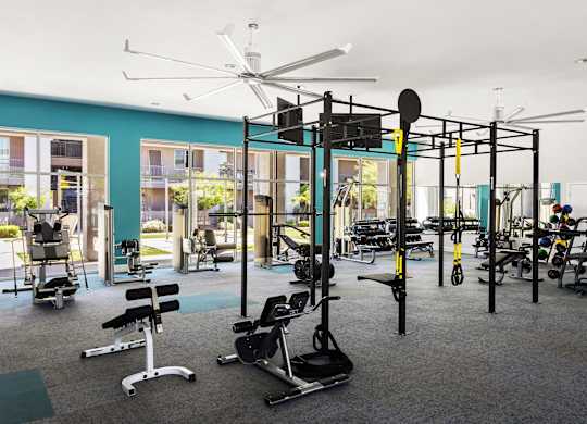 A gym with a variety of equipment including weights and cardio machines.