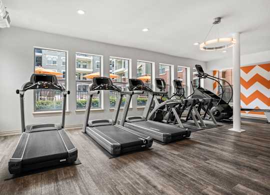 A gym with treadmills and elliptical machines.