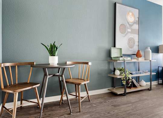 A dining table with chairs and a plant on it.
