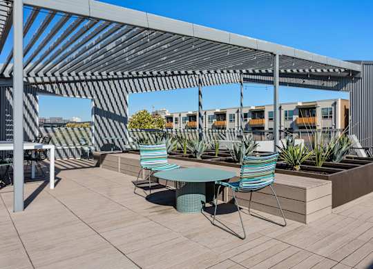 A patio with a table and chairs under a pergola.