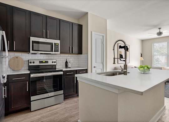 A modern kitchen with dark brown cabinets and stainless steel appliances.