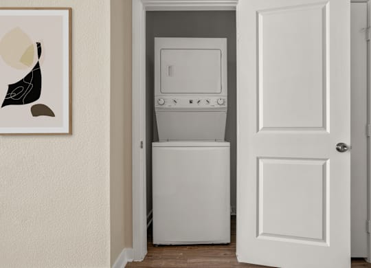 A white door is open to a laundry room.