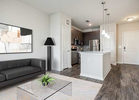 A modern living room with a black couch, a glass coffee table, and a plant on it.