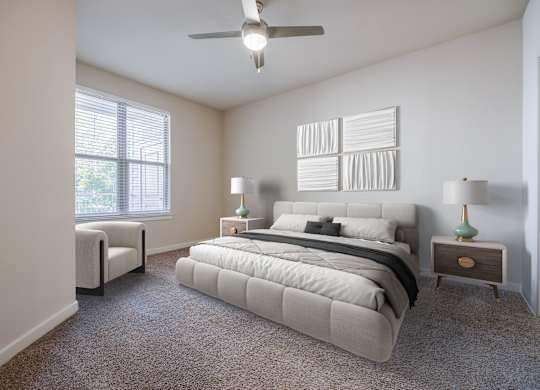 A bedroom with a large bed, a ceiling fan, and a window with blinds.