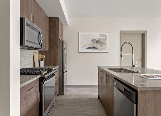 A modern kitchen with a stainless steel dishwasher and a microwave above the stove.