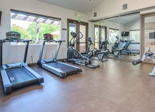 A gym with treadmills and elliptical machines.
